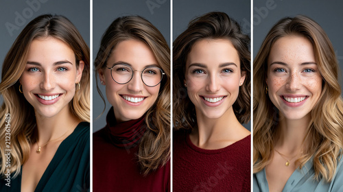 Junge lächelnde Frau präsentiert vier Portraits mit wechselnden Outfits