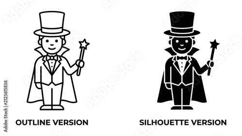 Photography Magician Icon Set: A graphic representation of a magician in formal attire, complete with a top hat, cape, and magic wand