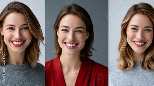 Frau präsentiert drei Portraits in unterschiedlichen Business-Outfits