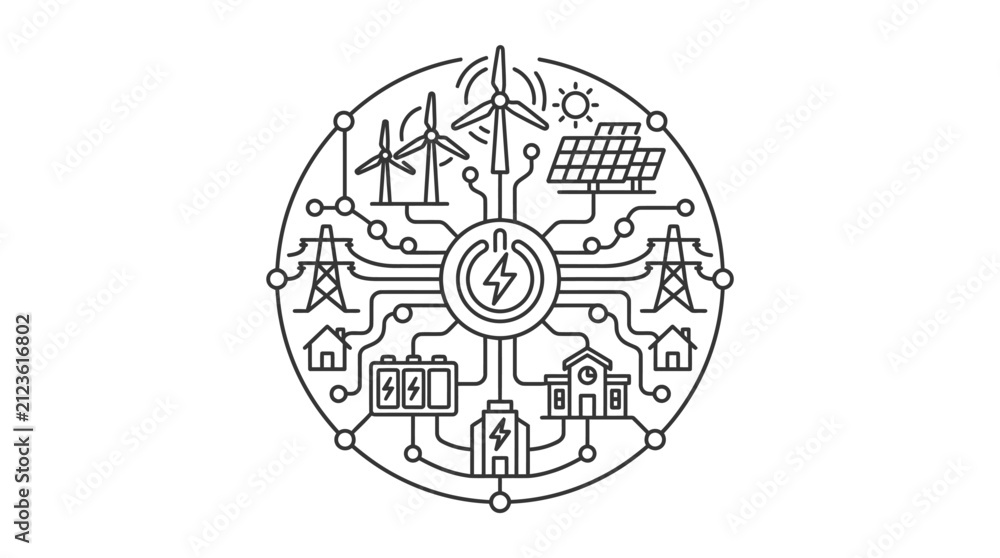 Obraz premium Clean Minimalist Black and White Line Art Diagram of Renewable Energy Grid Network with Icons with high quality professional line art symbols for modern creative design and digital branding projects