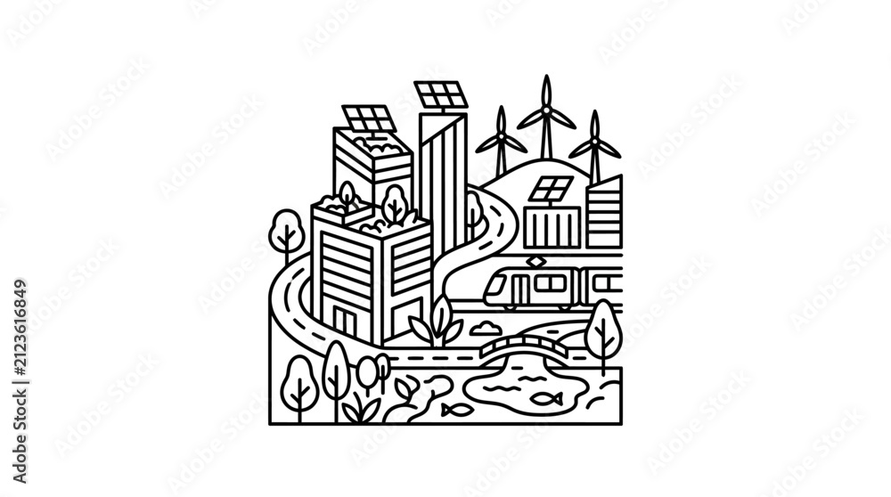 Obraz premium Industrial Line Drawing of Eco Friendly Cityscape with Wind Turbines Solar Panels and Green Spaces in Black and White