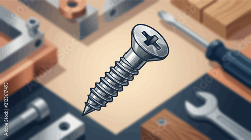 Fotografie Close up of a threaded metal screw on a workshop surface
