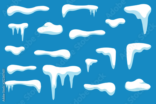 Set of snow caps, snowdrifts, and icicles for winter design vector illustration of snow elements for christmas or new year decoration blue background