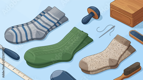 Fotografie Collection of warm socks and sewing repair tools