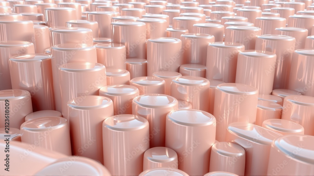 Obraz premium Pink cylinders create abstract landscape. Glossy surfaces reflect light, forming textured pattern. Minimalist design, modern aesthetic.