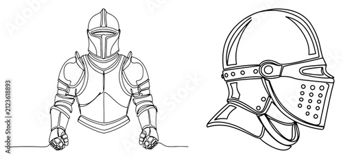 Foto Medieval Knight Armor and Helmet Continuous Line Art Vector for Chivalry and His