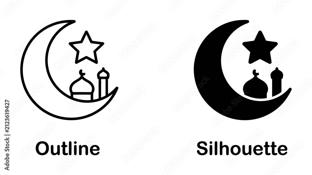 Obraz premium Ramadan Crescent Moon and Star Icons: Two distinct icons symbolizing Ramadan, one an outline and the other a silhouette, featuring a crescent moon, a star, and Islamic mosque domes.