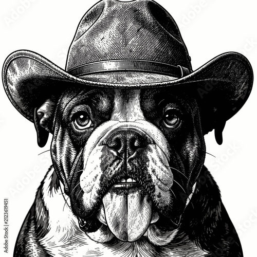 Bulldog Wearing Cowboy Hat Close-up Illustration