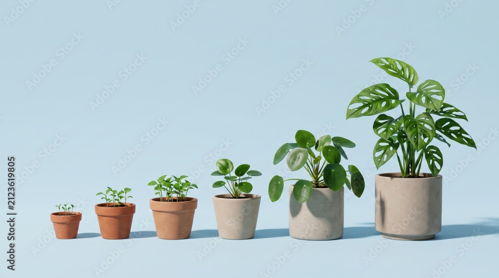 Fototapeta premium Stages of plant growth from seedling to mature Monstera in terracotta and concrete pots, symbolizing business growth, sustainability, nature development, gardening on blue.