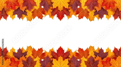 Horizontal border frame made of vibrant colorful autumn maple leaves isolated on a clean white background for seasonal design