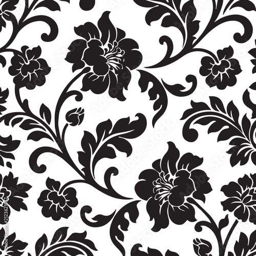 Vintage Black & White Floral Damask Seamless Pattern