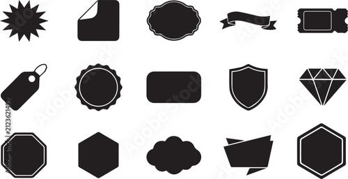 A collection of various black sticker and label silhouettes featuring different geometric shapes and decorative borders for retail and branding designs