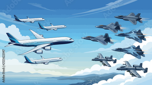 Bild auf Leinwand Commercial and military aircraft flying in clear blue sky