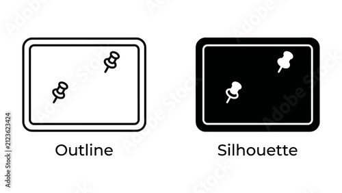 Quadro su tela Pushpin Icon Set: Two distinct icons depicting pushpins, one in outline style and the other as a silhouette, presented on a white background for versatile graphic design applications