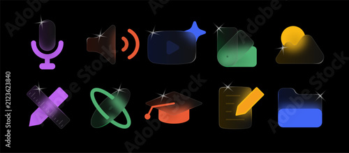 Glassmorphism icon set: transparent glass media education icons with blur and glow. Audio video symbols for UI, app and web. Modern vector interface icons, colorful on dark.