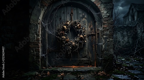 Withered flower wreath on old wooden door. Dark gothic decor on a rustic entrance.