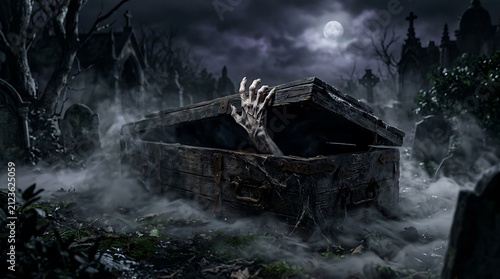 Withered hand reaching from a coffin. Zombie rising from grave in spooky cemetery.