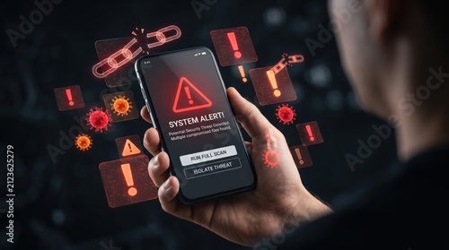 Mobile phone displaying system security alert with warning icons, virus detection, and threat analysis interface for cybersecurity concept.