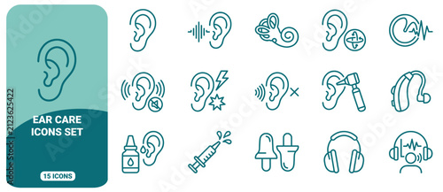Foto Set of 15 ear care and audiology line icons, featuring hearing aids, otoscope, e