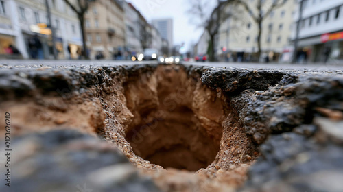 Tiefes Schlagloch klafft im alten Kopfsteinpflaster einer Stadtstraße