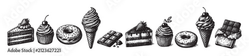 Delicious hand-drawn desserts including cakes, cupcakes, donuts, ice cream cones, and chocolate bars in a vintage engraving style on a clean white background