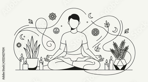 Obraz na plátně Person meditating in lotus position surrounded by spiritual and natural elements