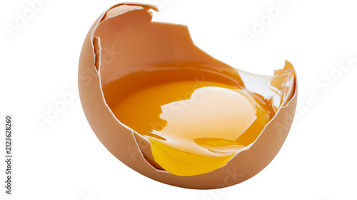 Konstfotografi Broken brown eggshell with liquid yolk and albumen, isolated on transparent back