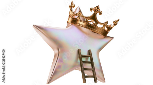 Konstfotografi Golden crown atop iridescent star with wooden ladder, isolated on transparent ba