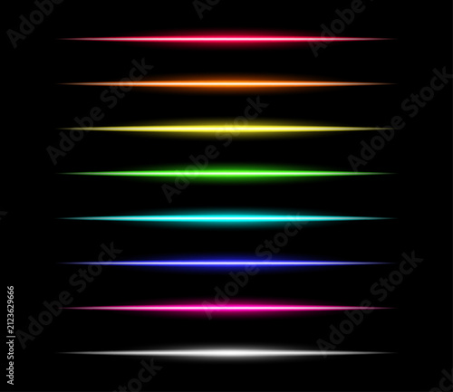 Set of colorful light flares and horizontal neon beams on black background
