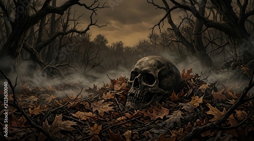Human skull in autumn leaves. Spooky forest scene with fog and dark trees.