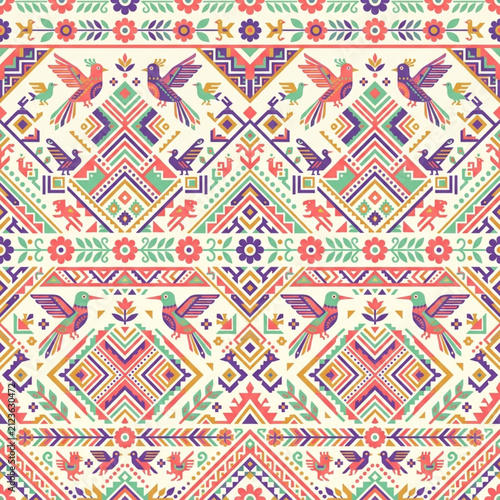 Guatemalan Huipil Diamond Weave & Floral with Colorful Traditional Geometric Pattern with Floral and Bird Motifs.