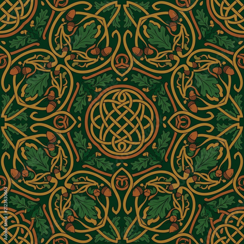 Intricate Celtic Knot Pattern with Green and Gold Colors. 