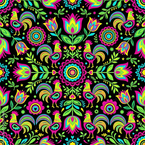 Eastern European Wycinanki Papercut Floral with Colorful Symmetrical Floral Pattern 