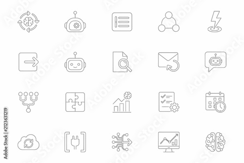 Collection of thin line representing artificial intelligence, neural networks, data processing, and automation tools on a white background