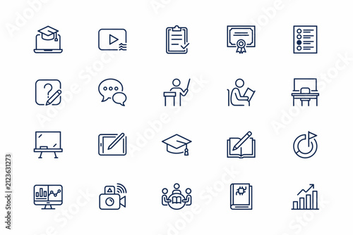 Set of twenty linear depicting education, e-learning, academic study, classroom settings, and digital learning tools on a white background