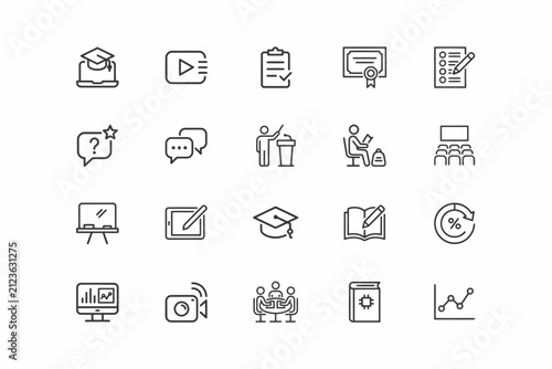 Set of twenty thin line representing education, e-learning, academic study, classroom settings, and digital learning technologies