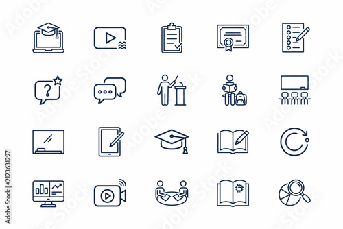 Set of twenty thin line with labels representing education, e-learning, academic study, classroom settings, and digital learning tools