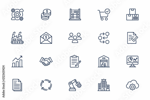 Set of outline logistics and supply chain featuring warehouse, delivery truck, robotic arm, and data analytics on white background
