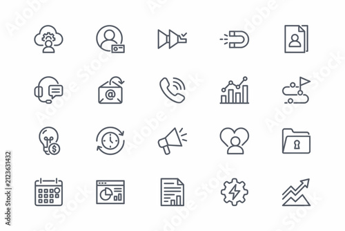 Set of linear business and marketing featuring cloud, megaphone, graph, and user profile on a plain white background