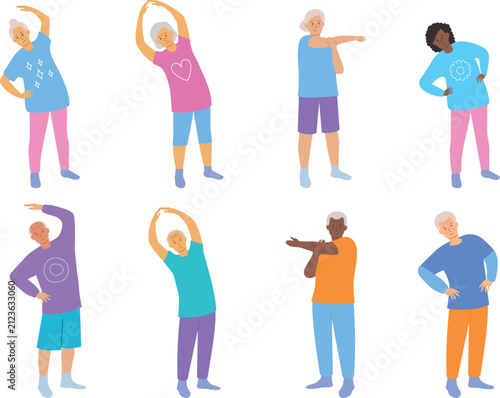 Elderly people doing warm-up exercises. Set of isolated characters. Flat vector illustration for senior fitness, active aging.