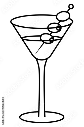 Martini garnished with olives on a skewer. Crystal glass with alcoholic beverage and canapes. Sketch. Vector illustration. Outline on an isolated white background. Glass flute with an aperitif and app