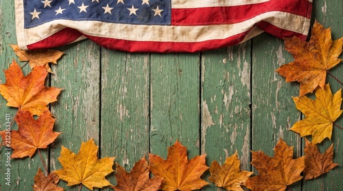 Rustic wooden background decorated with colorful autumn maple leaves and a vintage american flag for patriotic holiday seasonal themes