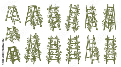 Collection of Vintage Ladders with Floral Embellishments.