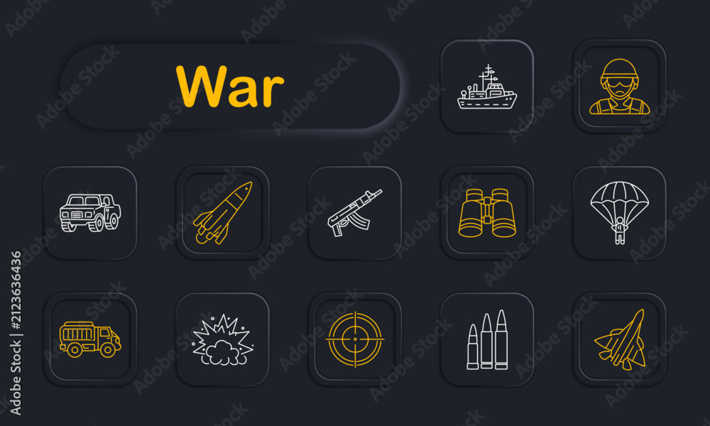 Obraz premium War set icon. Military vessel, combat soldier, armored vehicle, missile launch, assault rifle, binocular surveillance, parachute landing, transport truck, explosion impact, aiming scope, 