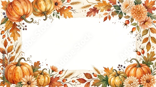 Watercolor Halloween pumpkin frame. Autumn harvest border with fall leaves and flowers.