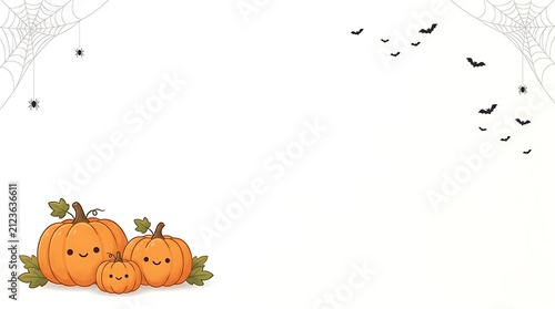 Cute Halloween pumpkins on white background. Festive autumn holiday border with bats.