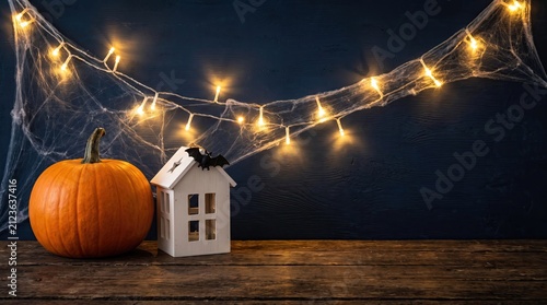 A festive halloween background featuring a bright orange pumpkin and a small white house model under glowing string lights