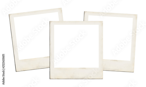 Three blank vintage polaroid photo frames mockup. Old instant photos on transparent background.