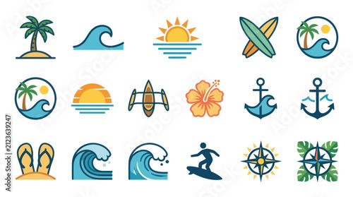 Collection of Tropical Beach and Ocean Themed Icons.