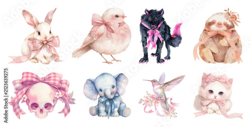 PNG Cute animals with pastel bows on transparent background